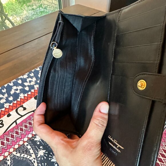 Salvatore Ferragamo Vara Ribbon Leather Bi-fold Long Wallet Black Gold, EUC - Picture 7 of 12
